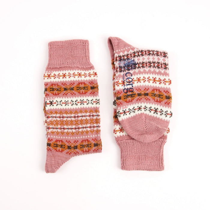 Pair of pink knitted socks with pattern on a white background