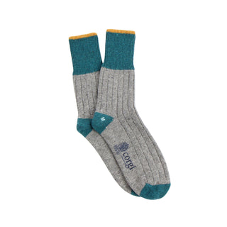 Gray and teal sock with 'corgi' branding on a white background