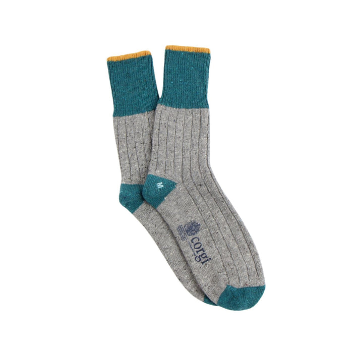 Gray and teal sock with 'corgi' branding on a white background