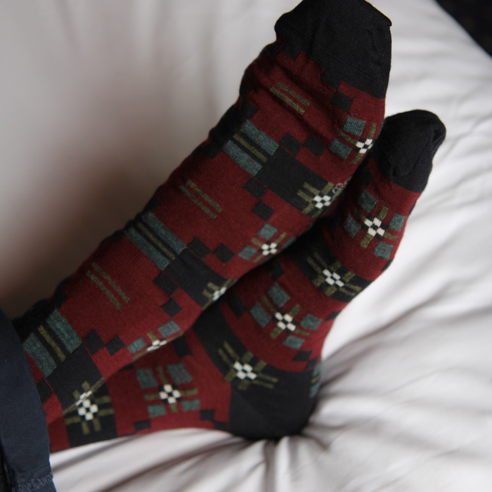 Pair of patterned socks on a white surface
