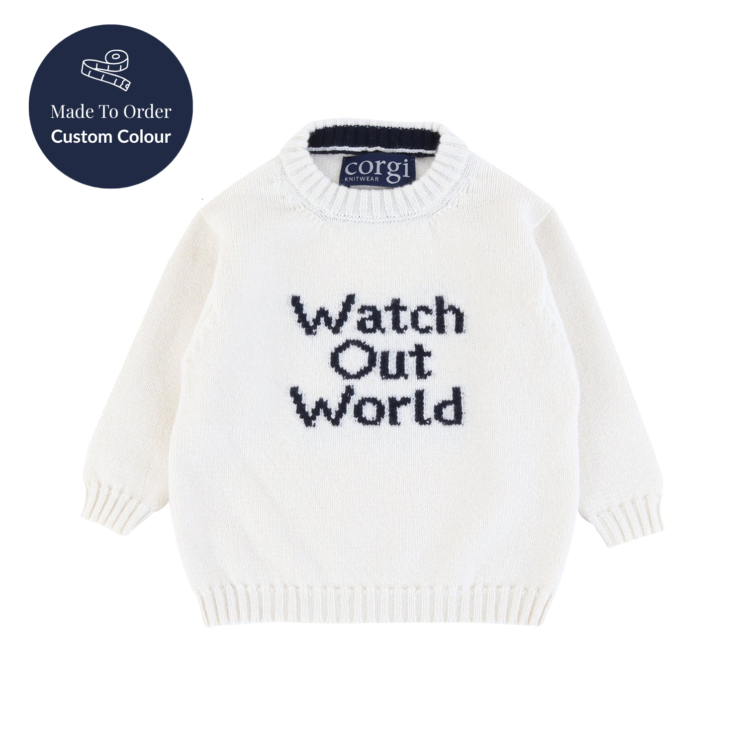 White sweater with 'Watch Out World' text and Corgi branding on a white background