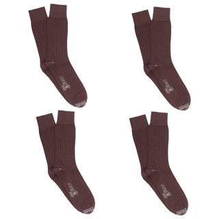 Four pairs of maroon socks with a brand logo on a white background