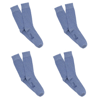 Four pairs of blue socks arranged in a grid on a white background