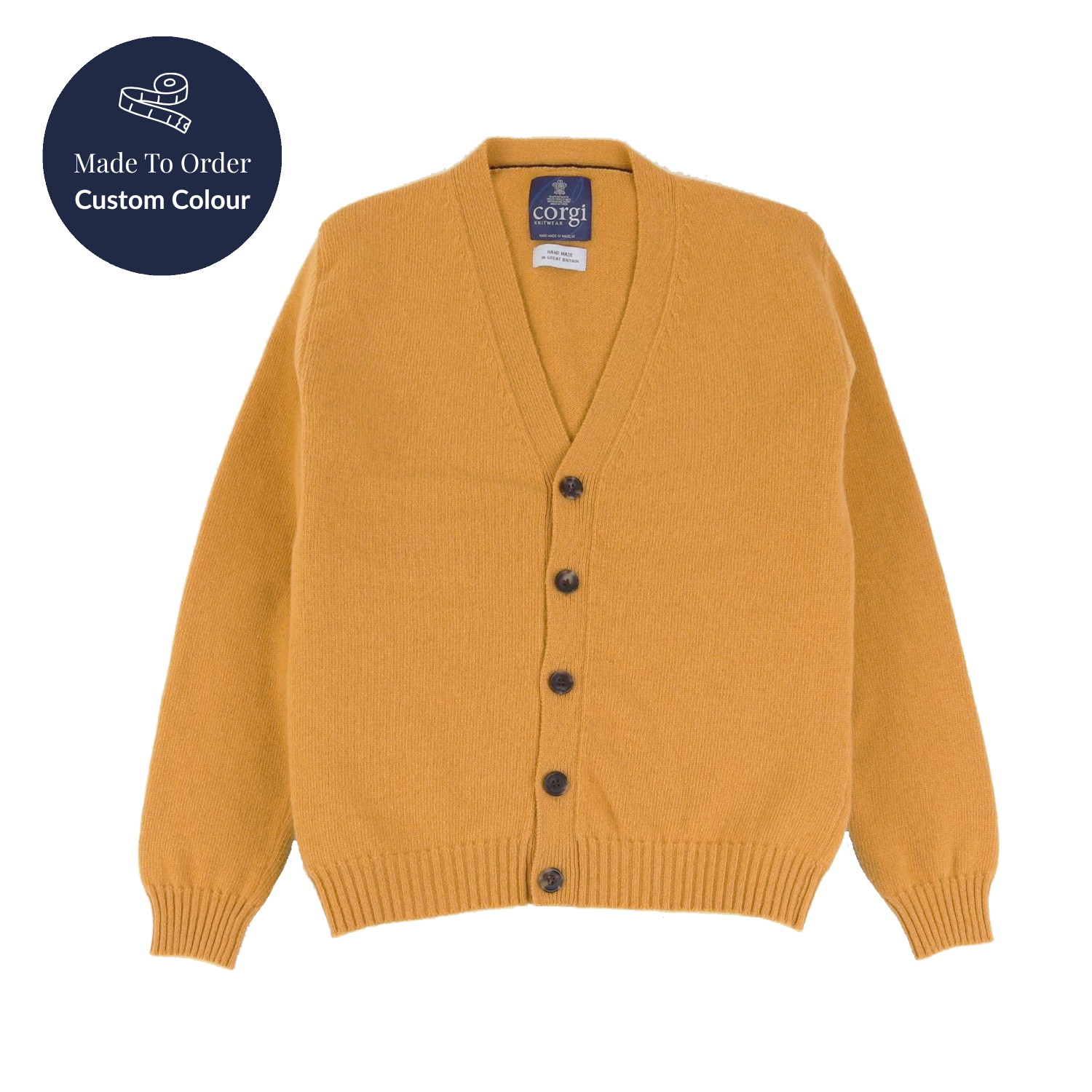 Mustard yellow cardigan with black buttons on a white background, featuring a 'Made to Order Custom Colour' label.
