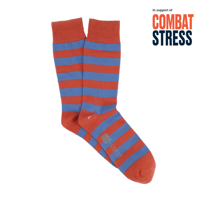Red and blue striped socks with 'Combat Stress' text on a white background