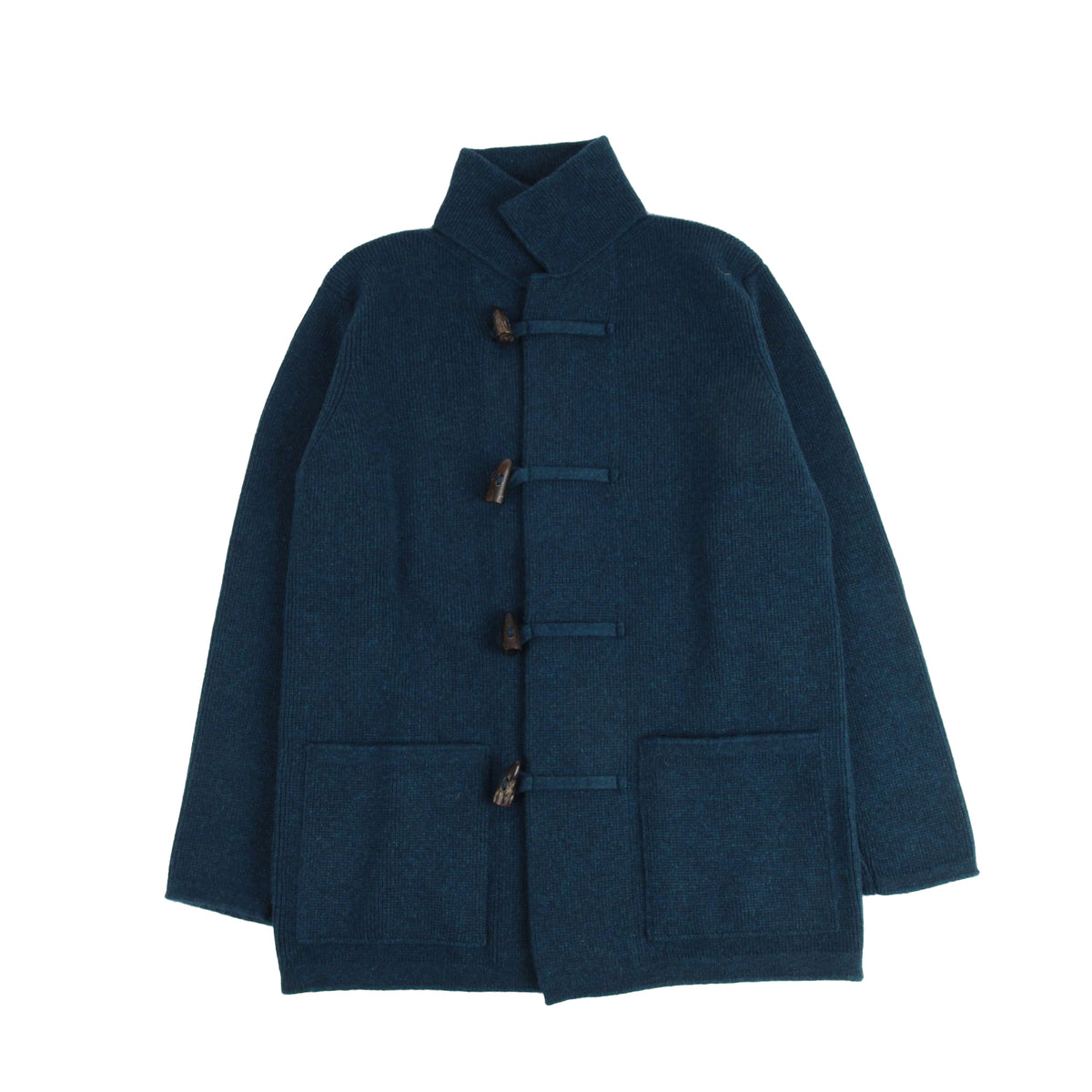 Blue coat with button details on a white background