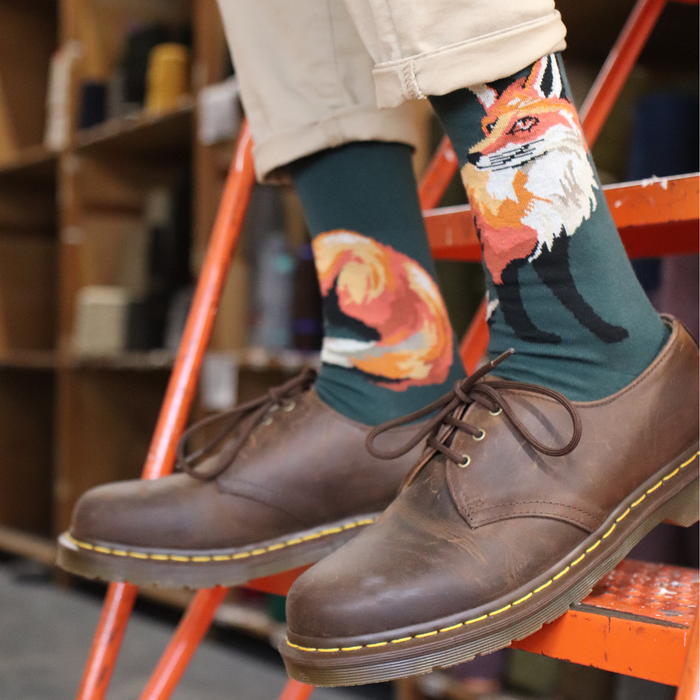 Person wearing fox-themed socks with brown shoes on a ladder.