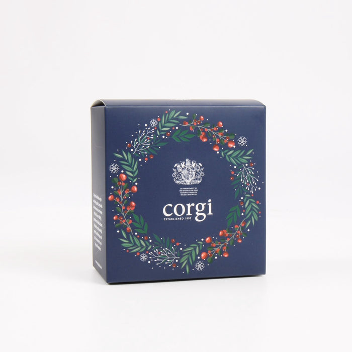 Corgi branded product packaging with festive design on a white background