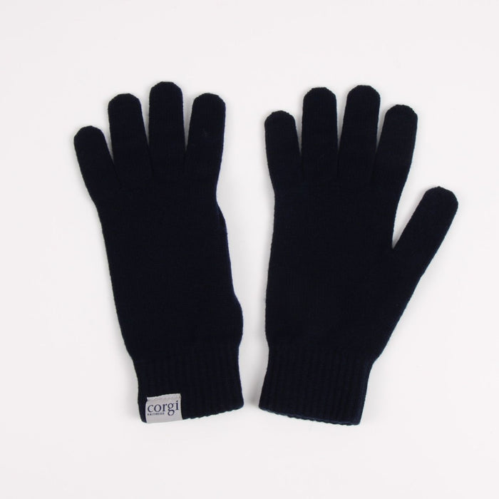 Pair of black gloves with 'corgi' branding on a white background