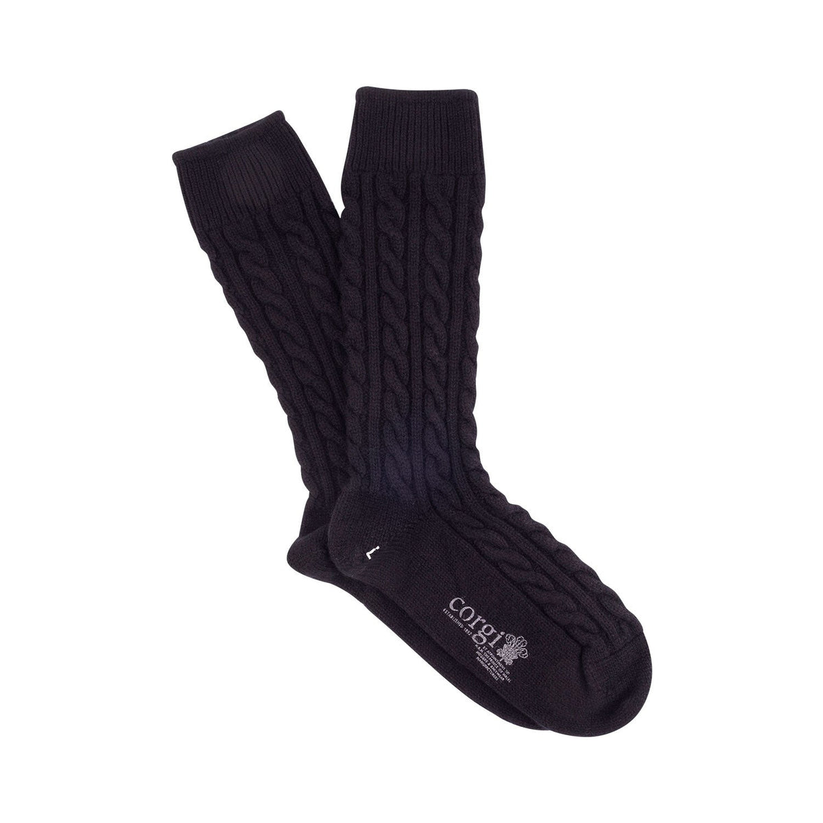 A pair of blue cashmere socks with a cable knit pattern, displayed against a white background.