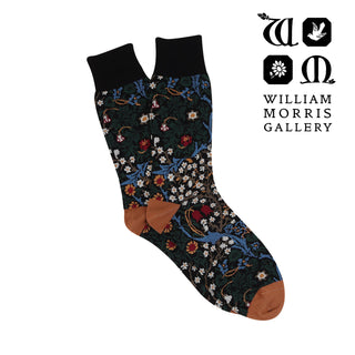 Decorative sock with floral pattern on a white background, featuring the William Morris Gallery logo.