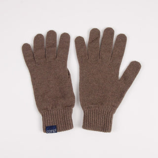Pair of brown gloves with a visible brand logo on a white background