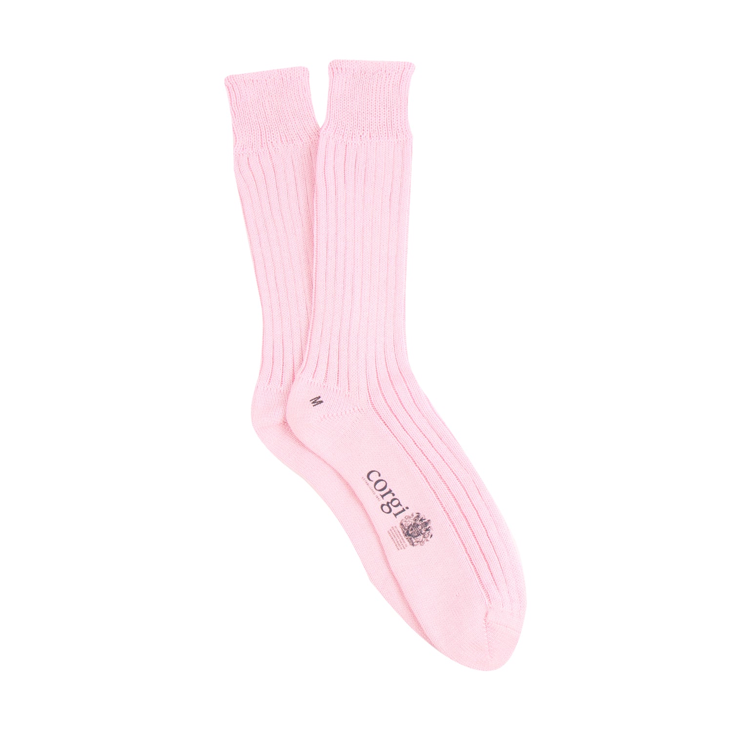 Pink sock with a brand logo on a white background