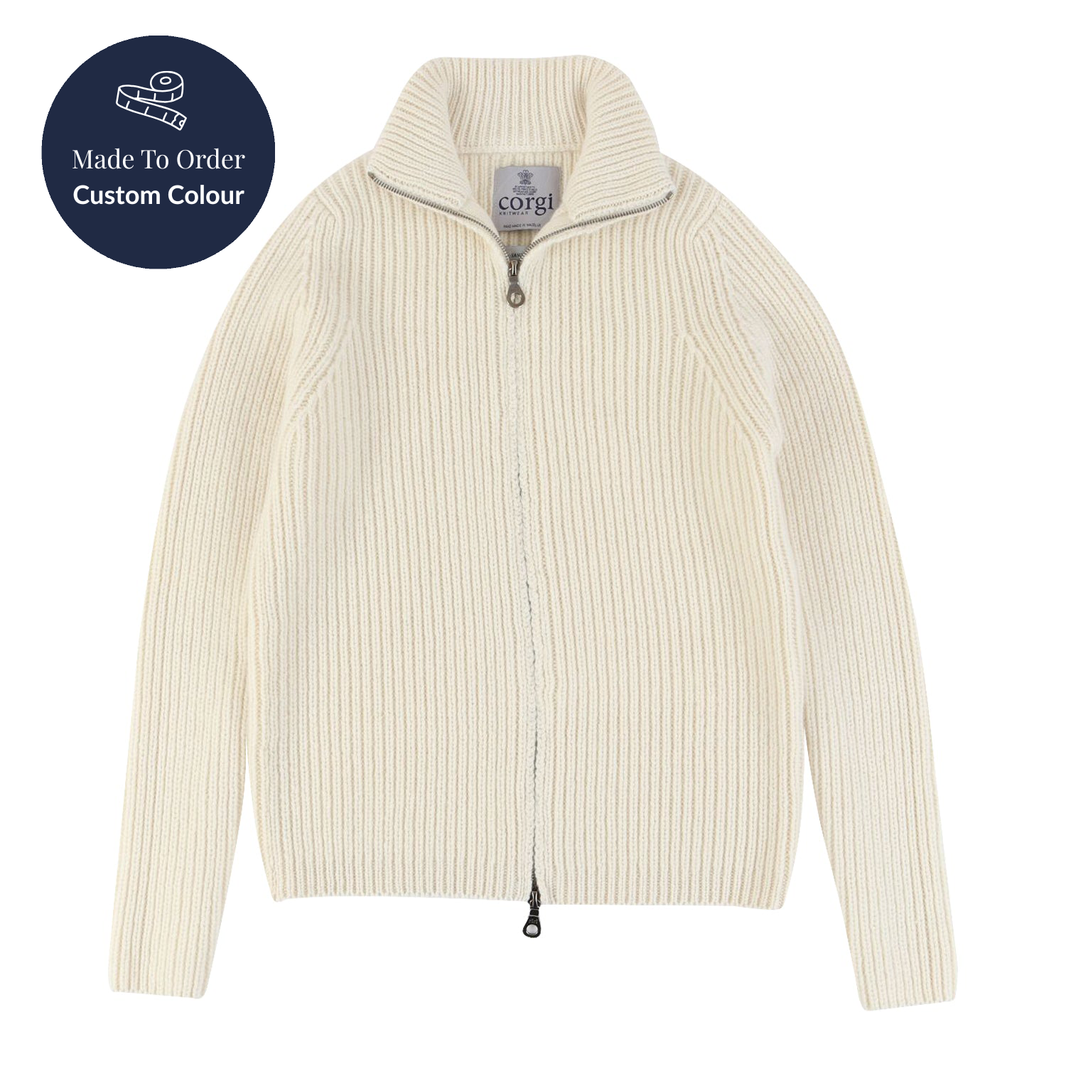 Cream ribbed knit sweater with a brand label on a white background