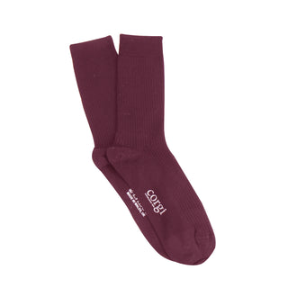 Maroon sock with a brand logo on a white background
