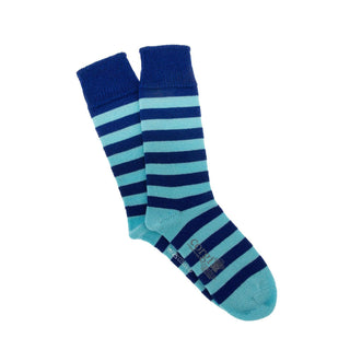A pair of men's luxury striped cashmere and cotton socks in blue color with a classic striped design.