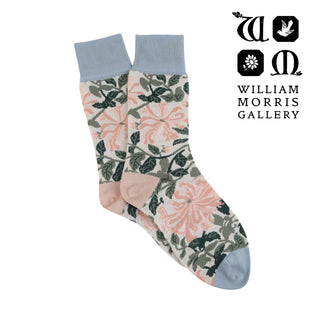 Floral patterned socks with light blue accents on a white background, featuring the William Morris Gallery logo.