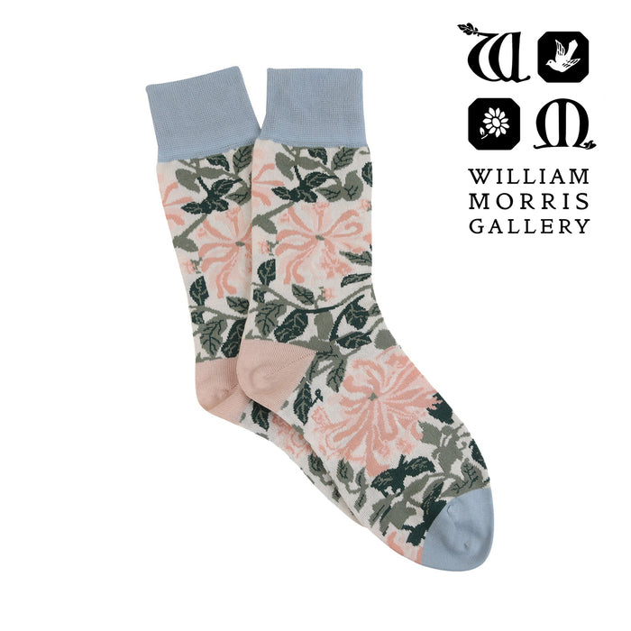 Floral patterned socks with light blue accents on a white background, featuring the William Morris Gallery logo.