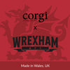 Corgi x Wrexham AFC logo on a red background with dragon design