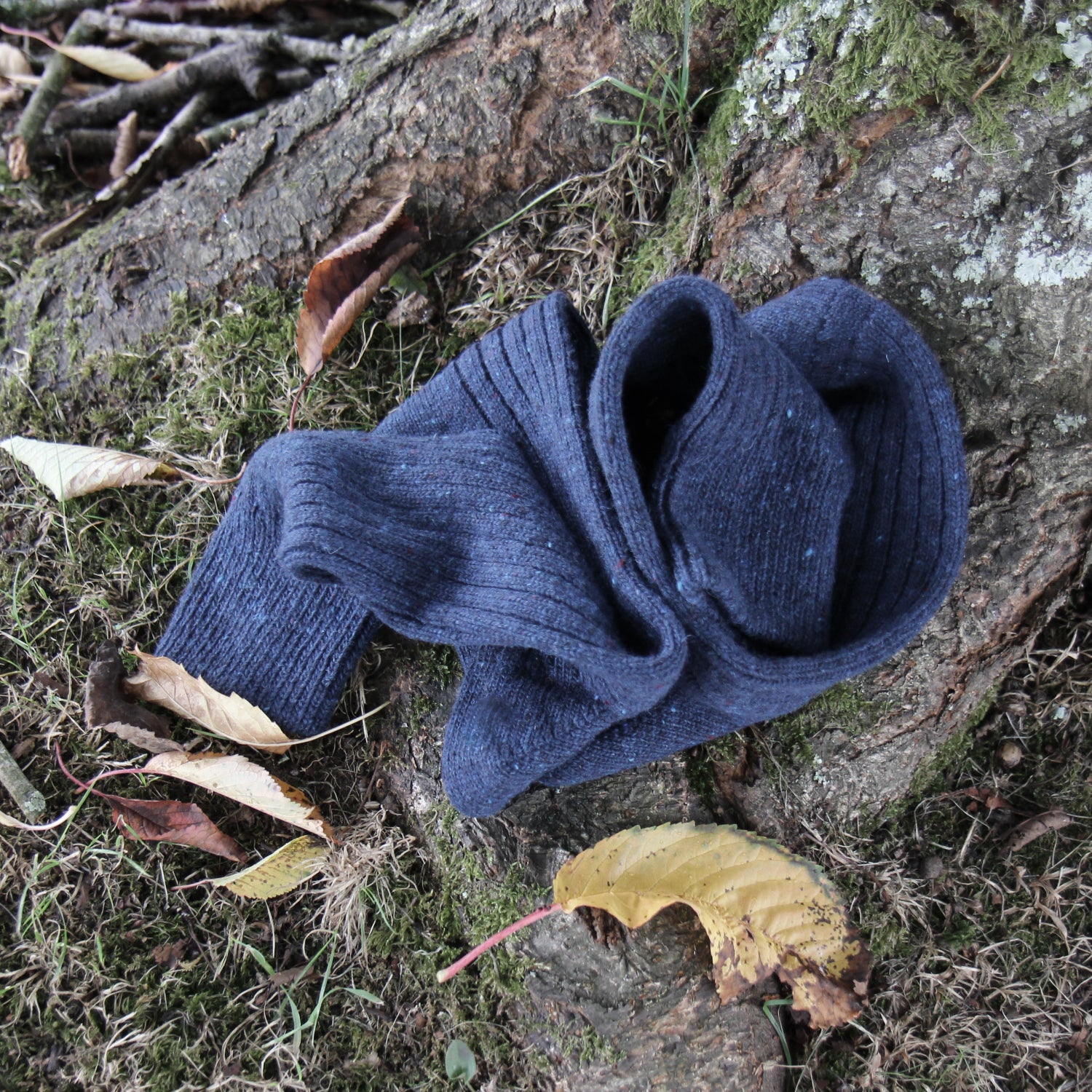 A dark navy blue ribbed knit accessory, likely a scarf or neck warmer, draped on the ground outdoors next to a tree root with moss and dry leaves.