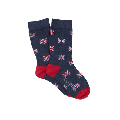 A pair of kids' socks with the Union Jack pattern, predominantly blue with red accents and white flag design.