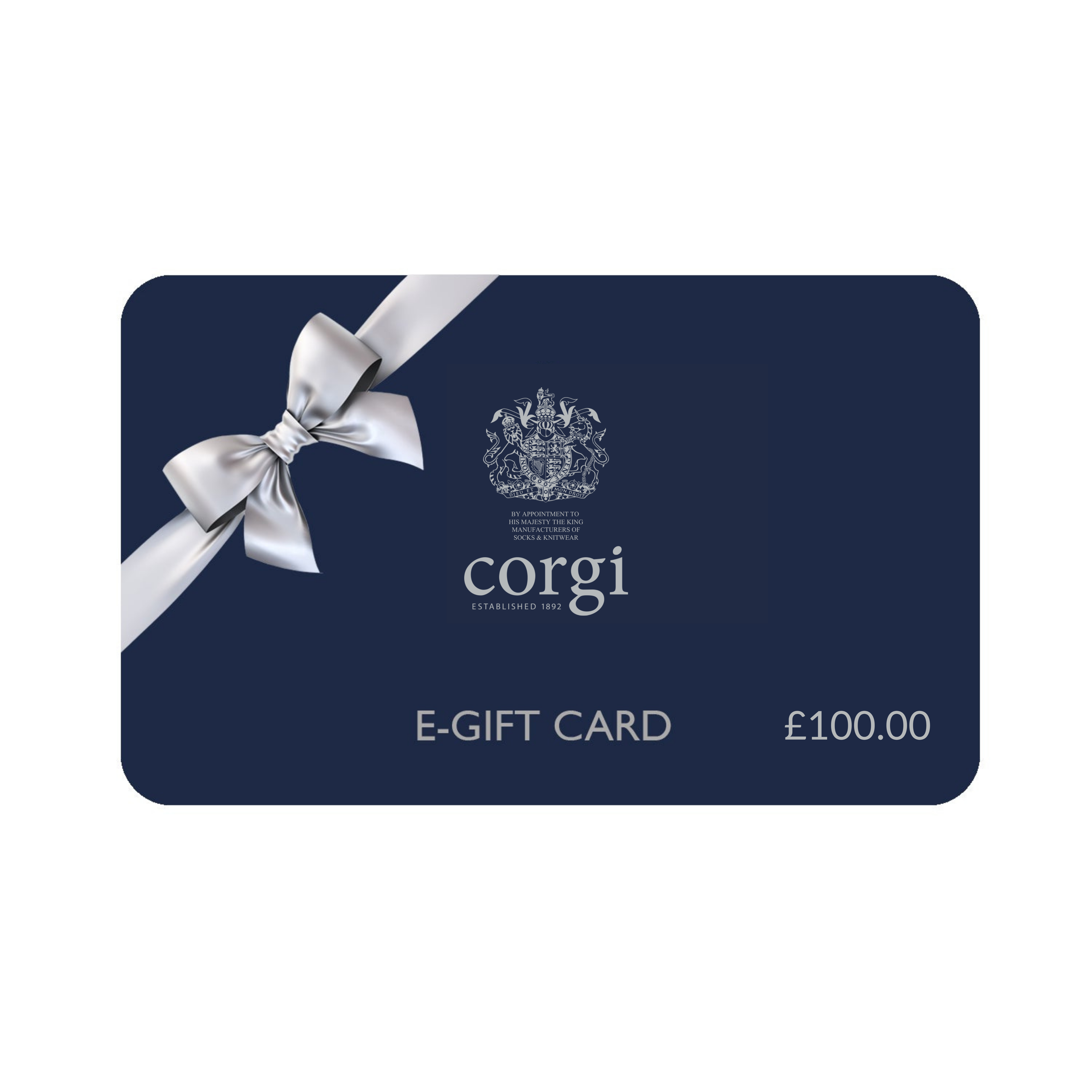 Corgi e-gift card with a blue background and white bow on a white background