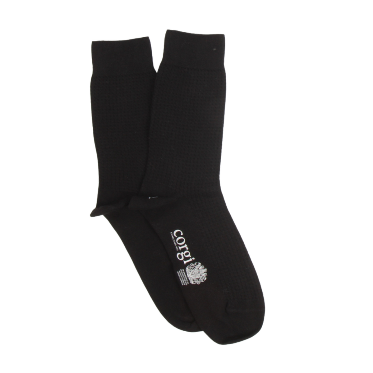 A pair of black crew socks with a white printed 'Corgi' logo and crest on the sole, displayed against a plain white background.