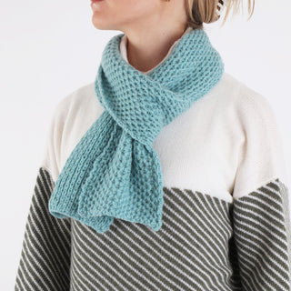 Person wearing a knitted teal scarf with a white and grey striped sweater on a white background