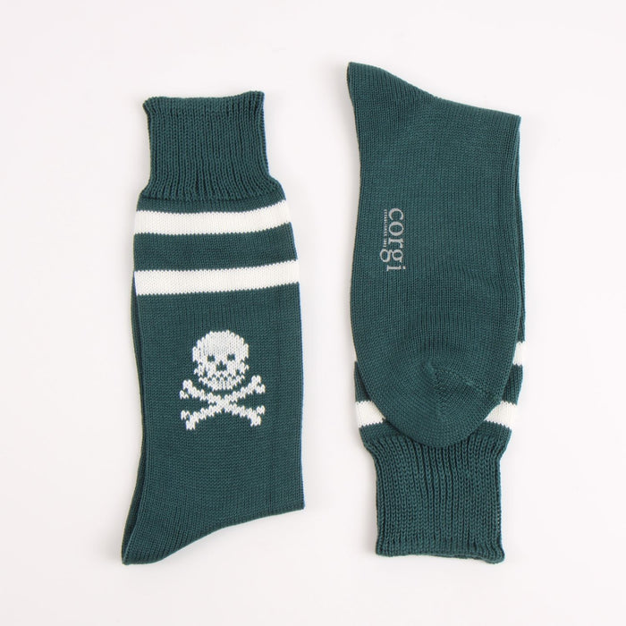 Green socks with skull design and 'corgi' text on a white background