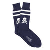 Navy blue socks with skull and crossbones design on a white background
