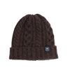 A brown men's wool beanie with a cable knit pattern and a ribbed turn-up hem.