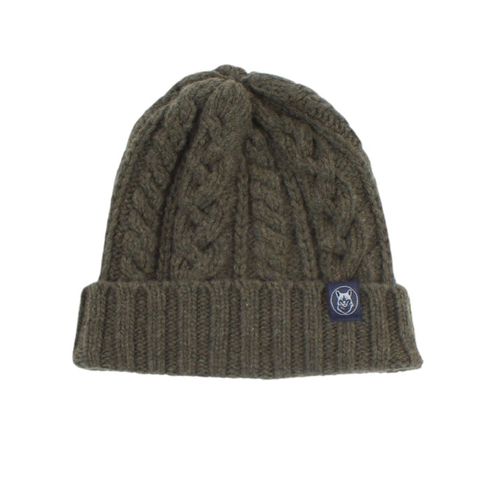 A green men's wool beanie with a cable knit pattern and a ribbed turn-up hem.