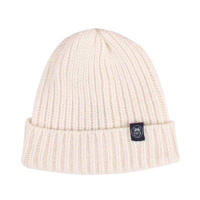 Beige knit beanie with a brand logo on a white background

