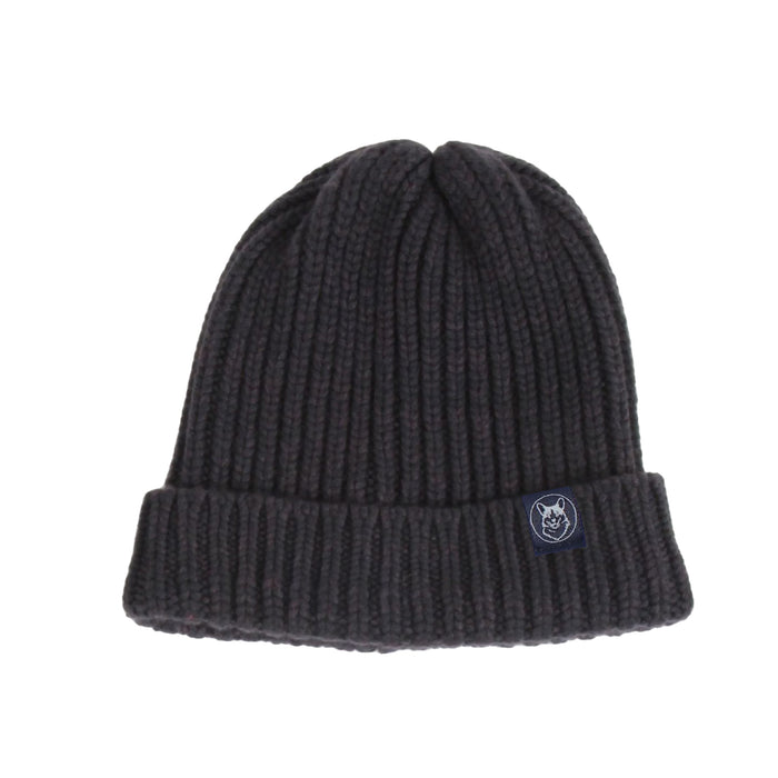 Dark gray knit beanie with a logo on a white background


