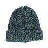 Green and black knit beanie with a logo on a white background

