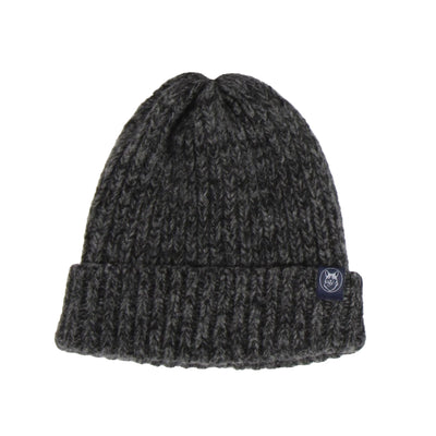 Gray knit beanie with a brand logo on a white background

