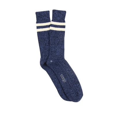 Blue sock with a white stripe on a white background