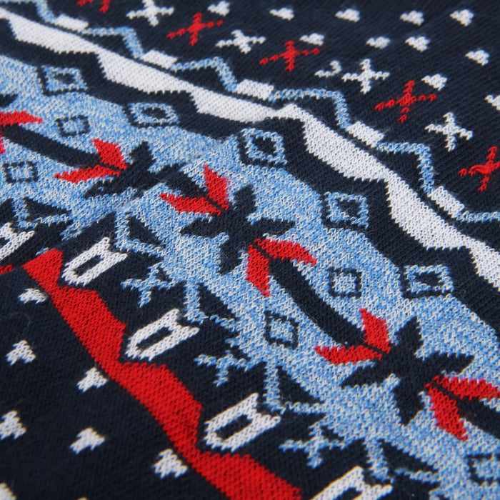 Close-up of a patterned fabric with red, blue, and white colors.
