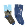 Two pairs of socks with golf-themed designs photographed on a white background
