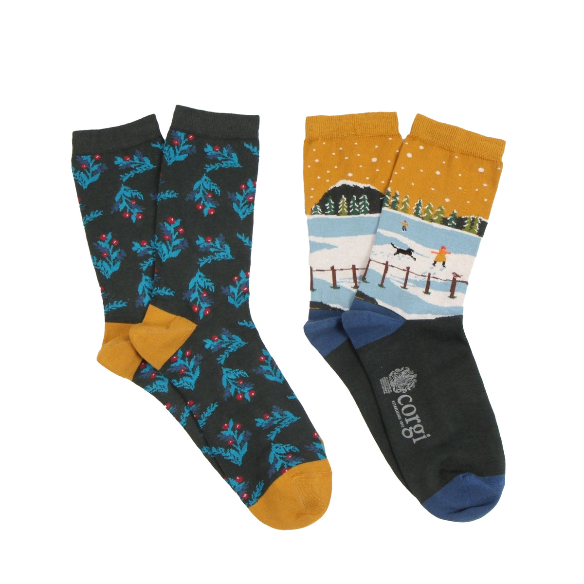 Two pairs of socks with different designs on a white background
