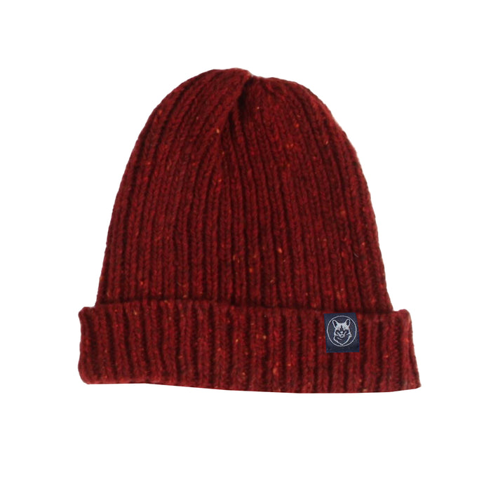 Red knit beanie with a logo on a white background

