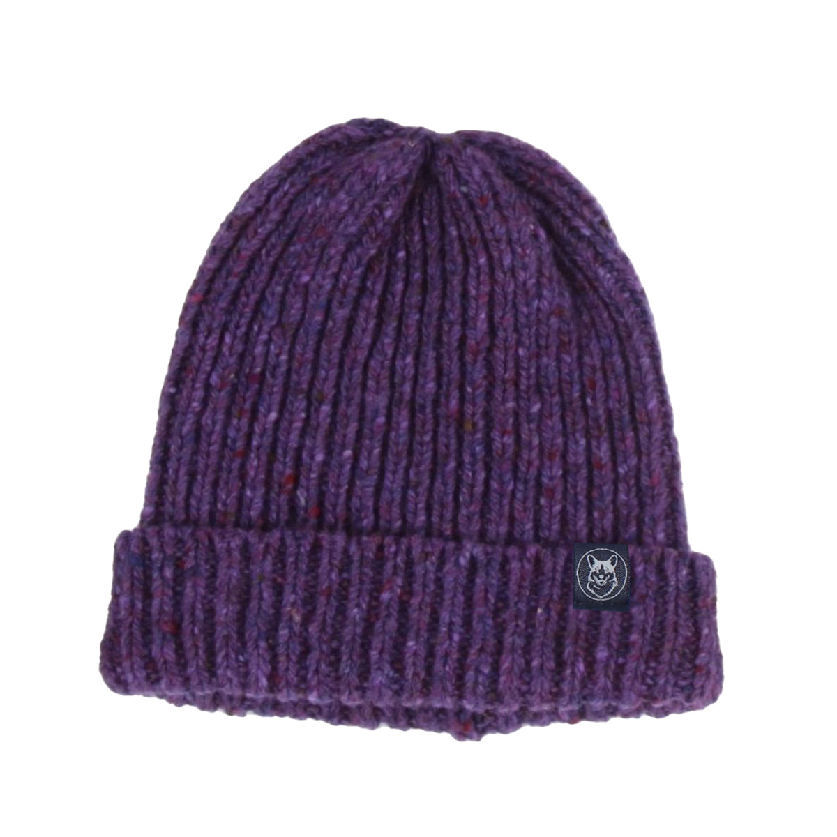 Purple knit beanie with a logo on a white background

