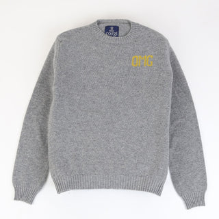 Gray sweater with 'OMG' logo on a white background
