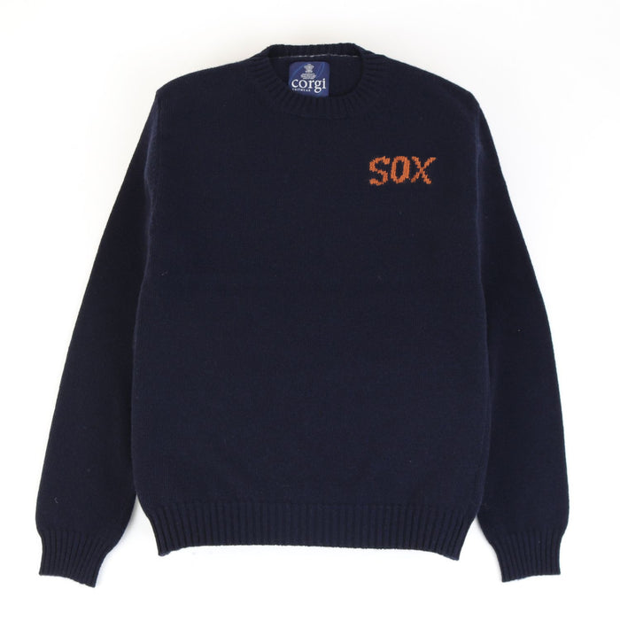 Navy blue sweater with 'SOX' logo on a white background