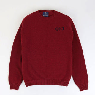 Red sweater with 'CHJ' logo on a white background
