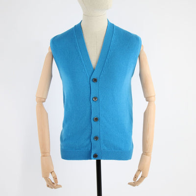 Men's blue sleeveless v-neck cardigan displayed on a mannequin