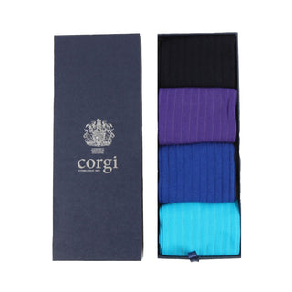 Box of four pairs of socks in purple, blue, navy and teal with 'corgi' branding.