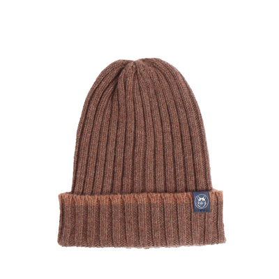 Brown ribbed cashmere hat with a contrasting tip colour on its turn up brim