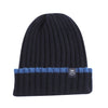 Navy ribbed cashmere hat with a contrasting tip colour on its turn up brim