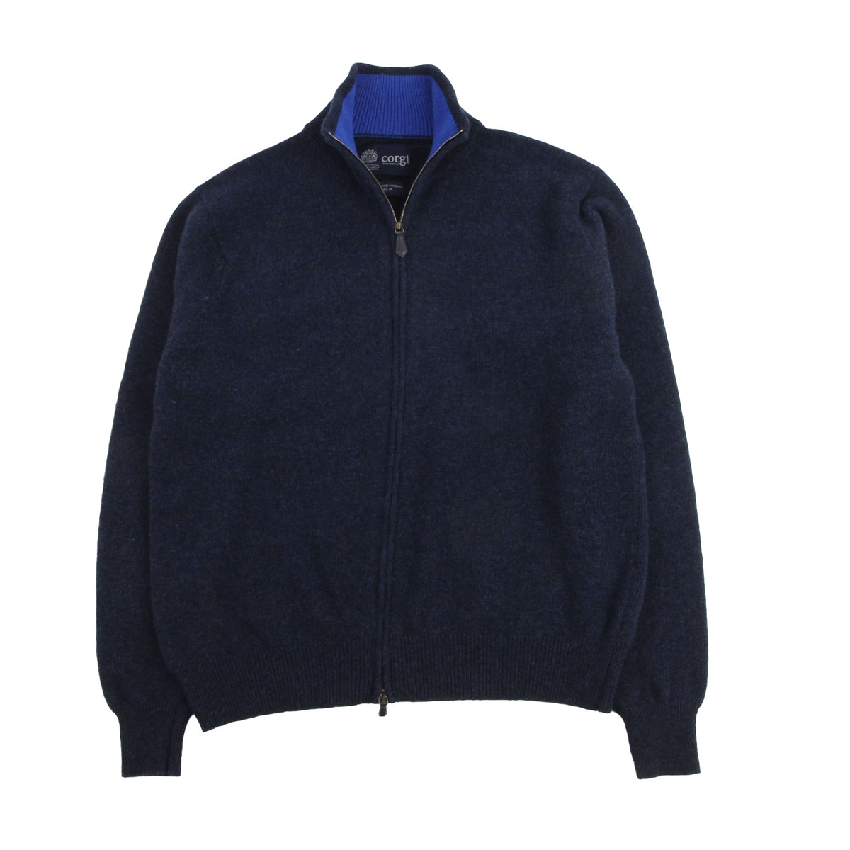 Navy blue sweater with a blue collar on a white background

